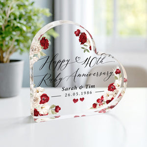 Personalised 40th Anniversary Gift Plaque, Ruby Anniversary Keepsake Frame, Polished Acrylic Heart Block