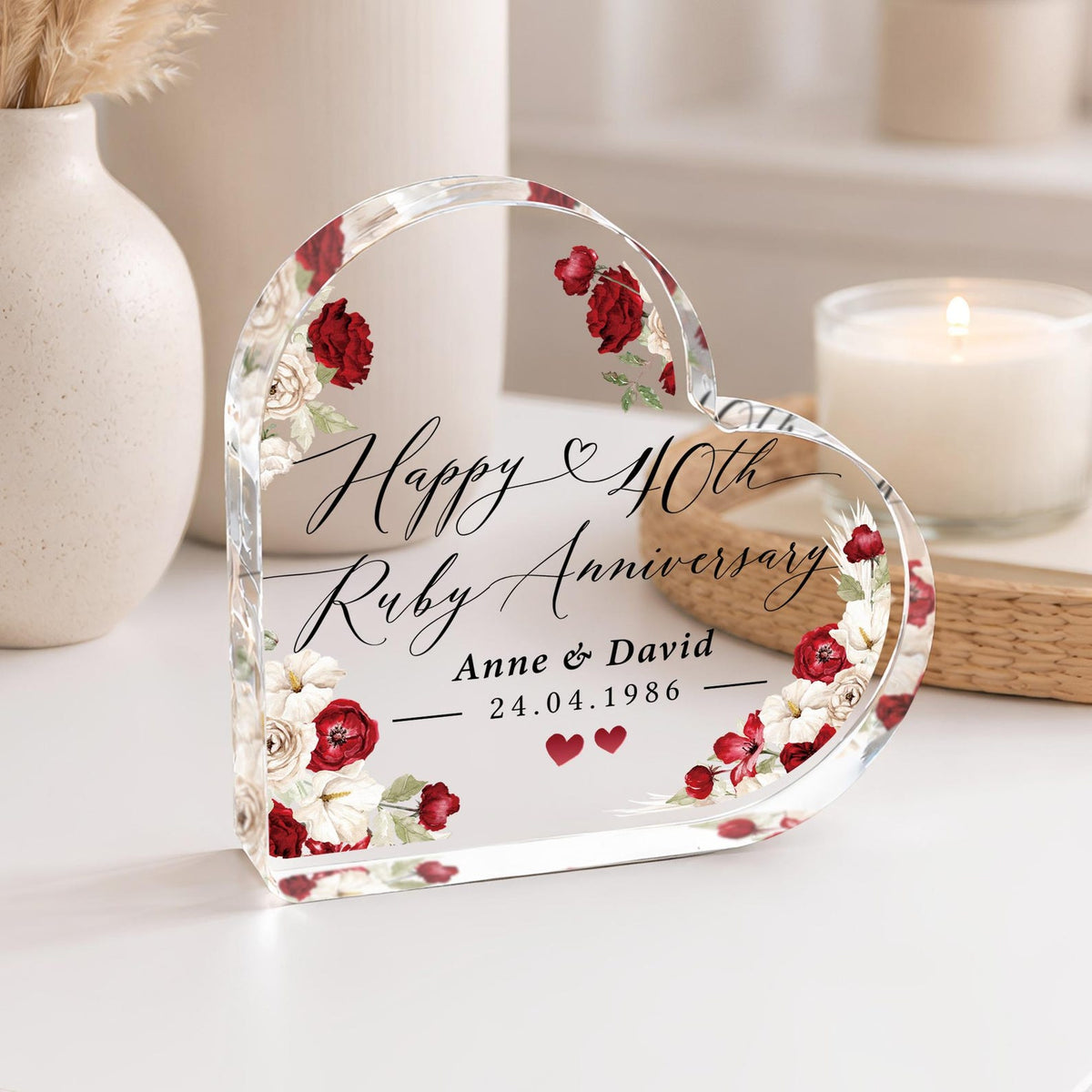Personalised 40th Anniversary Gift Plaque, Ruby Anniversary Keepsake Frame, Polished Acrylic Heart Block
