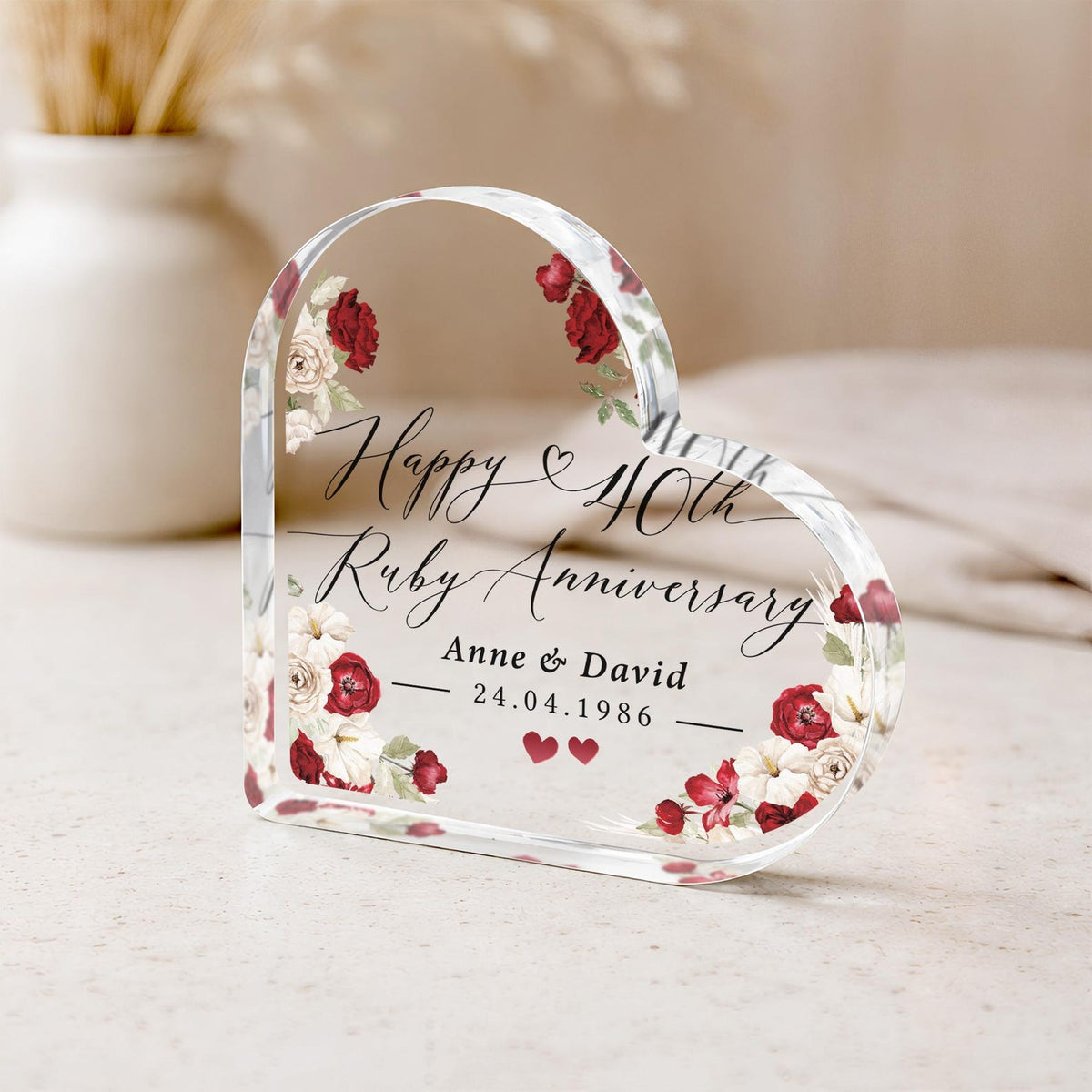 Personalised 40th Anniversary Gift Plaque, Ruby Anniversary Keepsake Frame, Polished Acrylic Heart Block