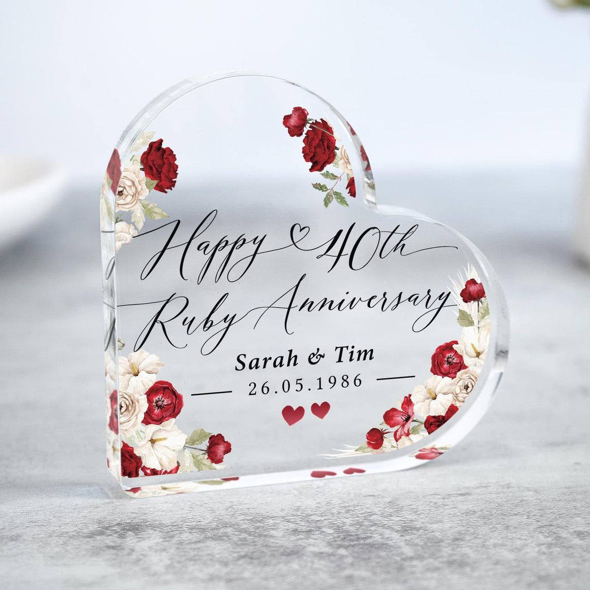 Personalised 40th Anniversary Gift Plaque, Ruby Anniversary Keepsake Frame, Polished Acrylic Heart Block