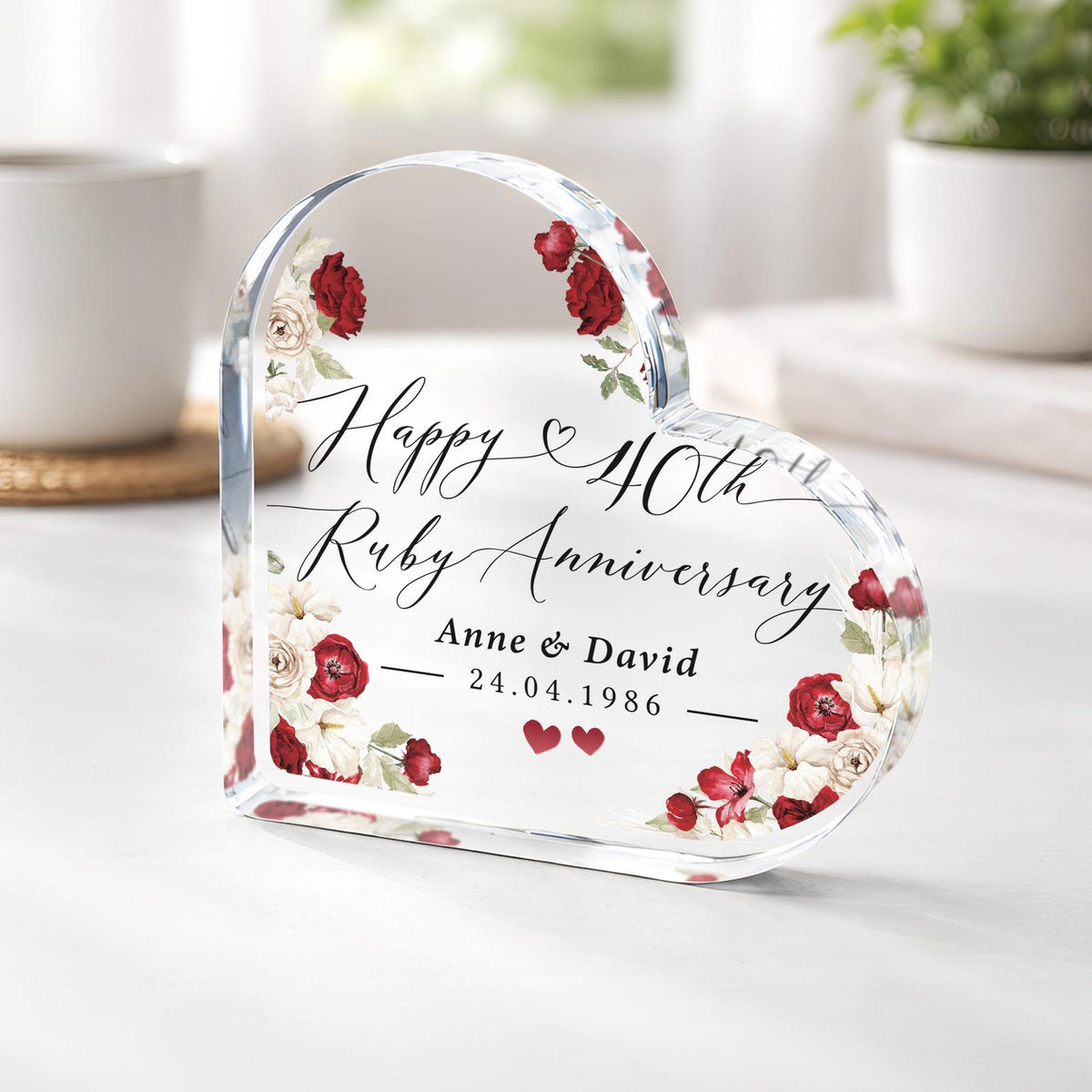 Personalised 40th Anniversary Gift Plaque, Ruby Anniversary Keepsake Frame, Polished Acrylic Heart Block