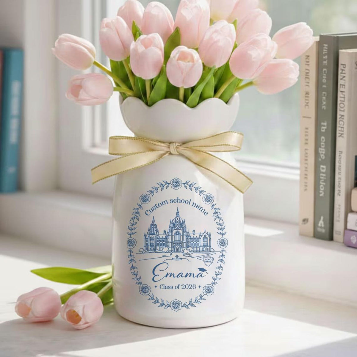 Personalized University College Portrait Vase, Graduation Ceramic Vase, Class of 2026 Graduation Gift for Daughter, Logo Flower Vase