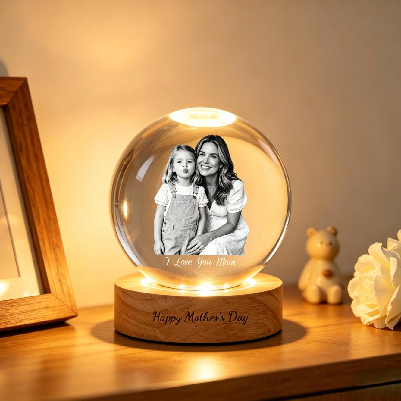 Personalized Mother's Day Photo Crystal Ball Night Light, Custom Portrait Light-Up Globe, Mom and Daughter, Gift For Mom From Kids
