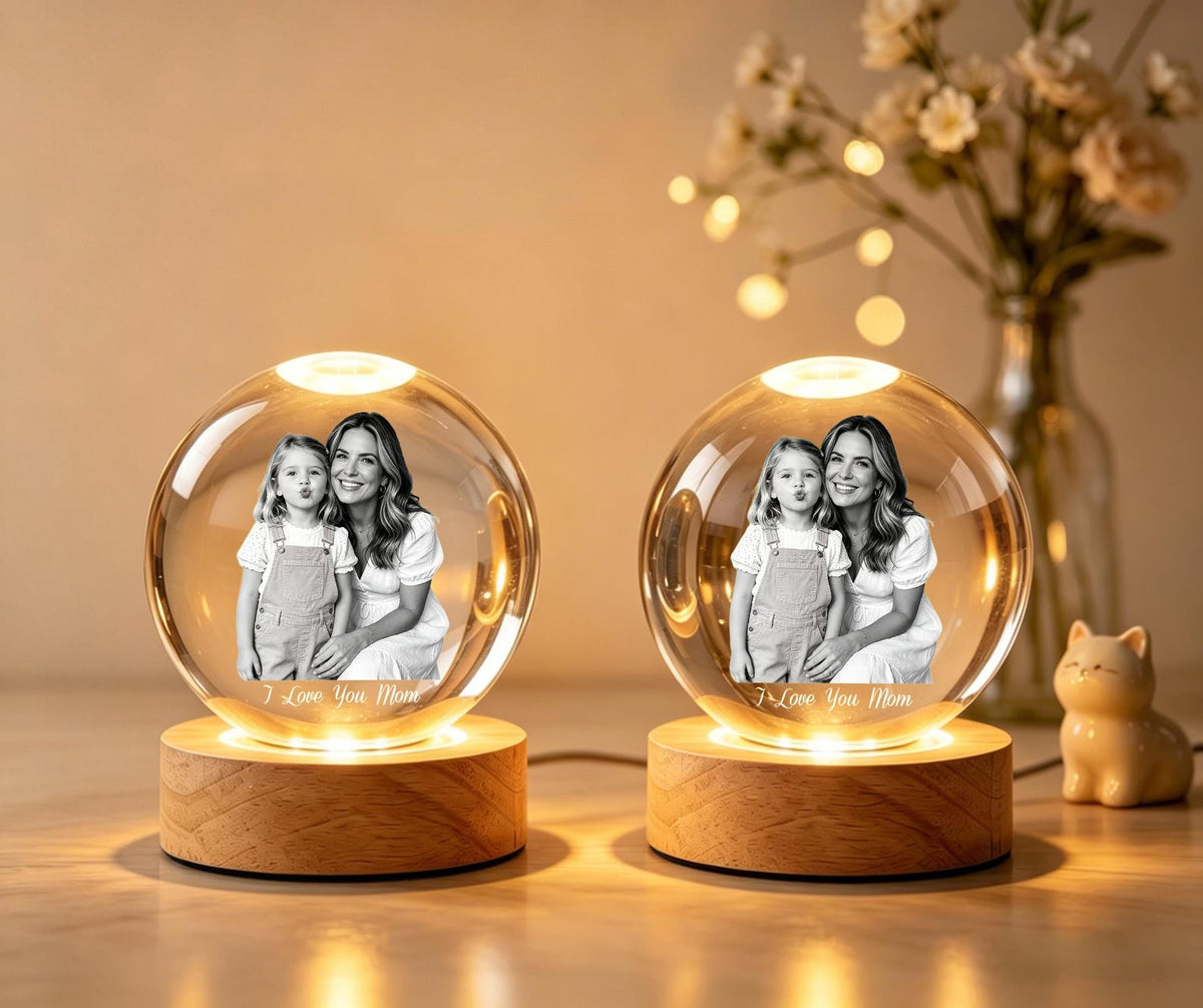 Personalized Mother's Day Photo Crystal Ball Night Light, Custom Portrait Light-Up Globe, Mom and Daughter, Gift For Mom From Kids