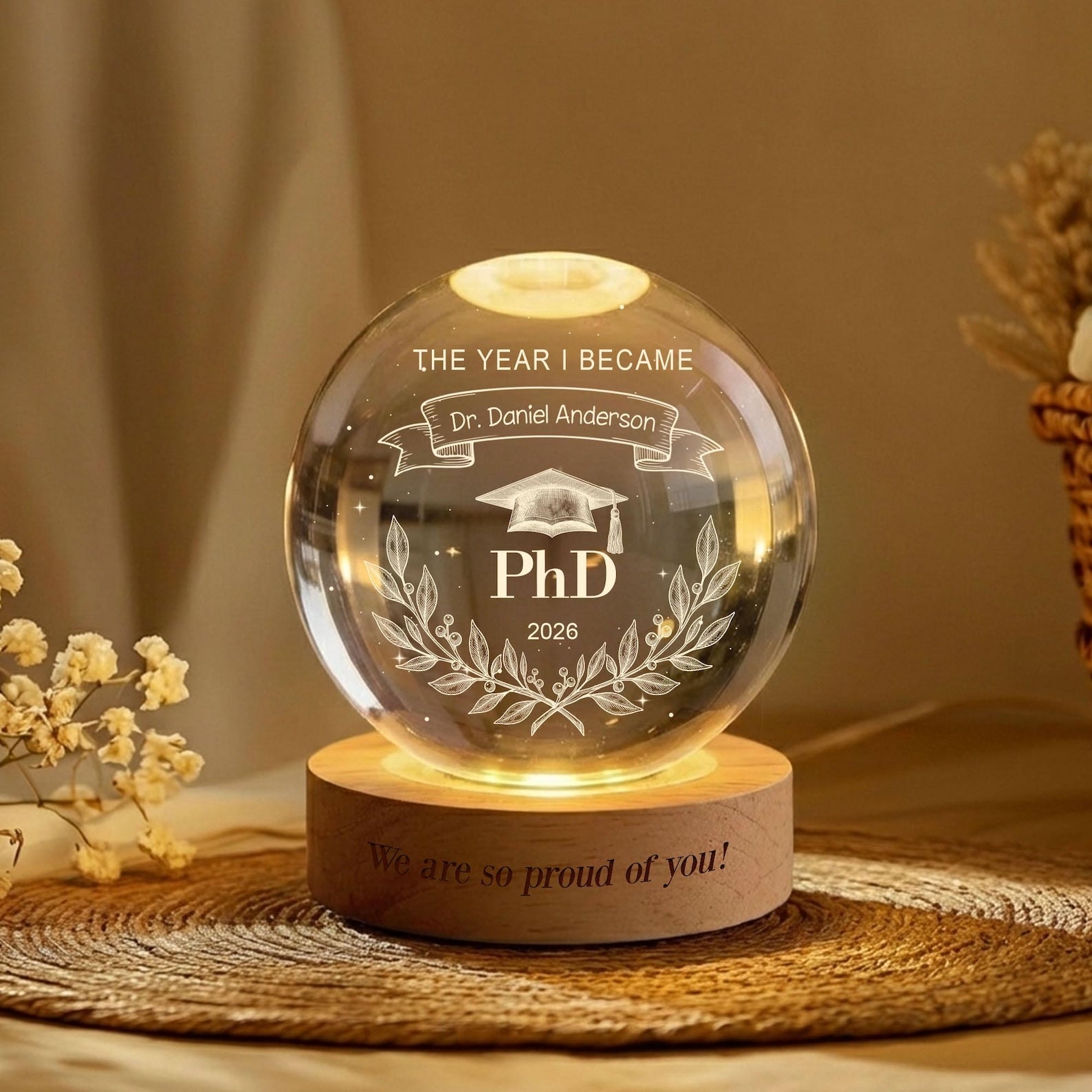 Personalized Phd Graduation Gift, Class of 2026 Crystal Ball Night Light,Phinished Gift, PhD Grad Gift,Custom PhD Doctorate Gift for Him Her