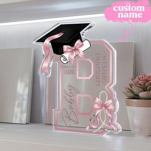 Personalized Graduation Acrylic Block, Custom Initial Pink Bow Keepsake, Class of 2026 Desktop Art