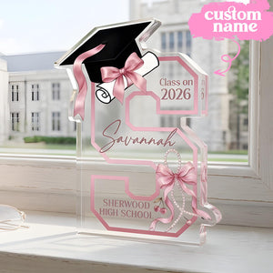 Personalized Graduation Acrylic Block, Custom Initial Pink Bow Keepsake, Class of 2026 Desktop Art