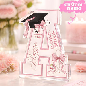 Personalized Graduation Acrylic Block, Custom Initial Pink Bow Keepsake, Class of 2026 Desktop Art