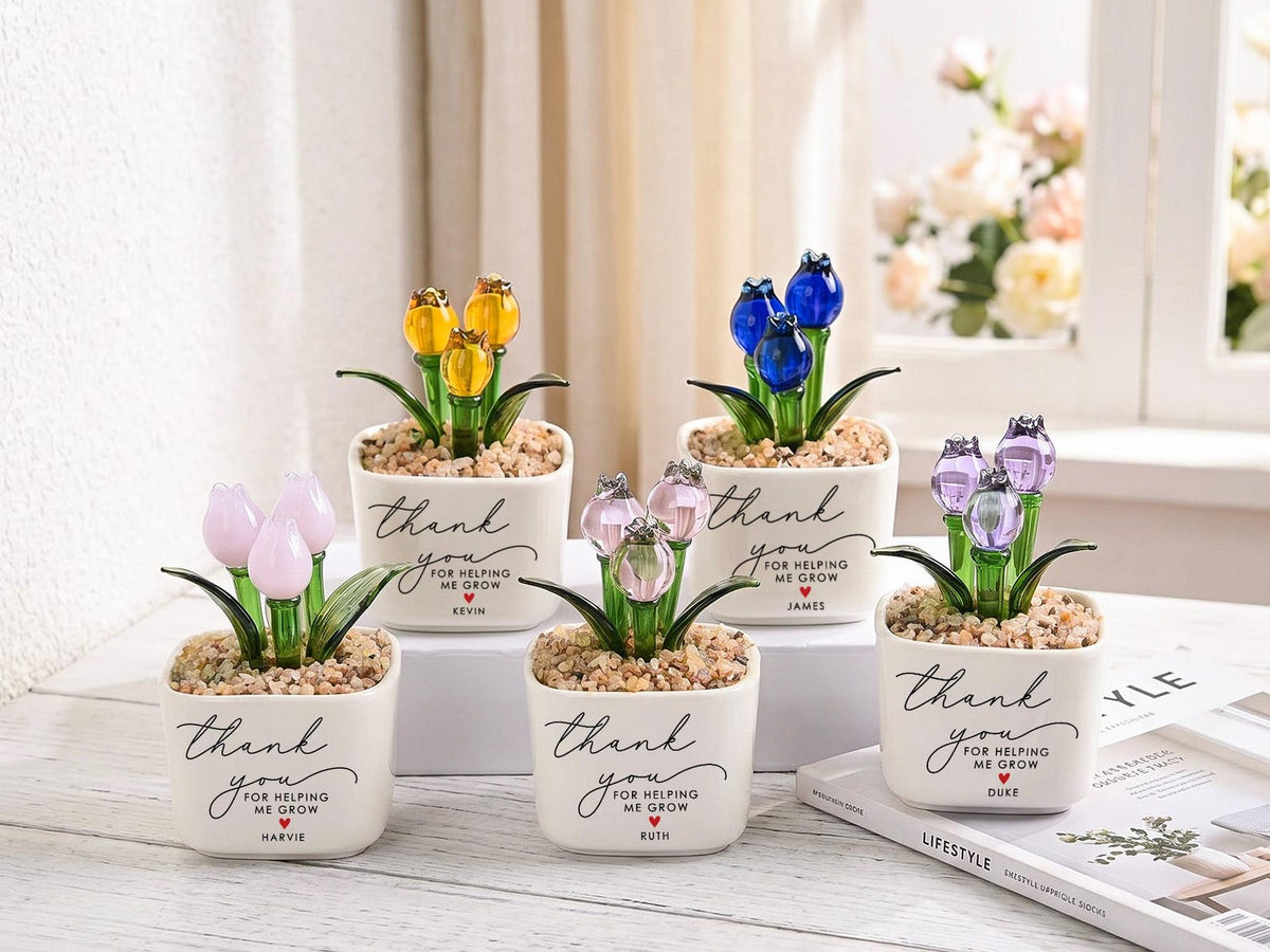 Personalized Stained Glass Flower Pot, Thank You for Helping Me Grow Gift, Custom Teacher Appreciation Gift, Memorial Desk Decor