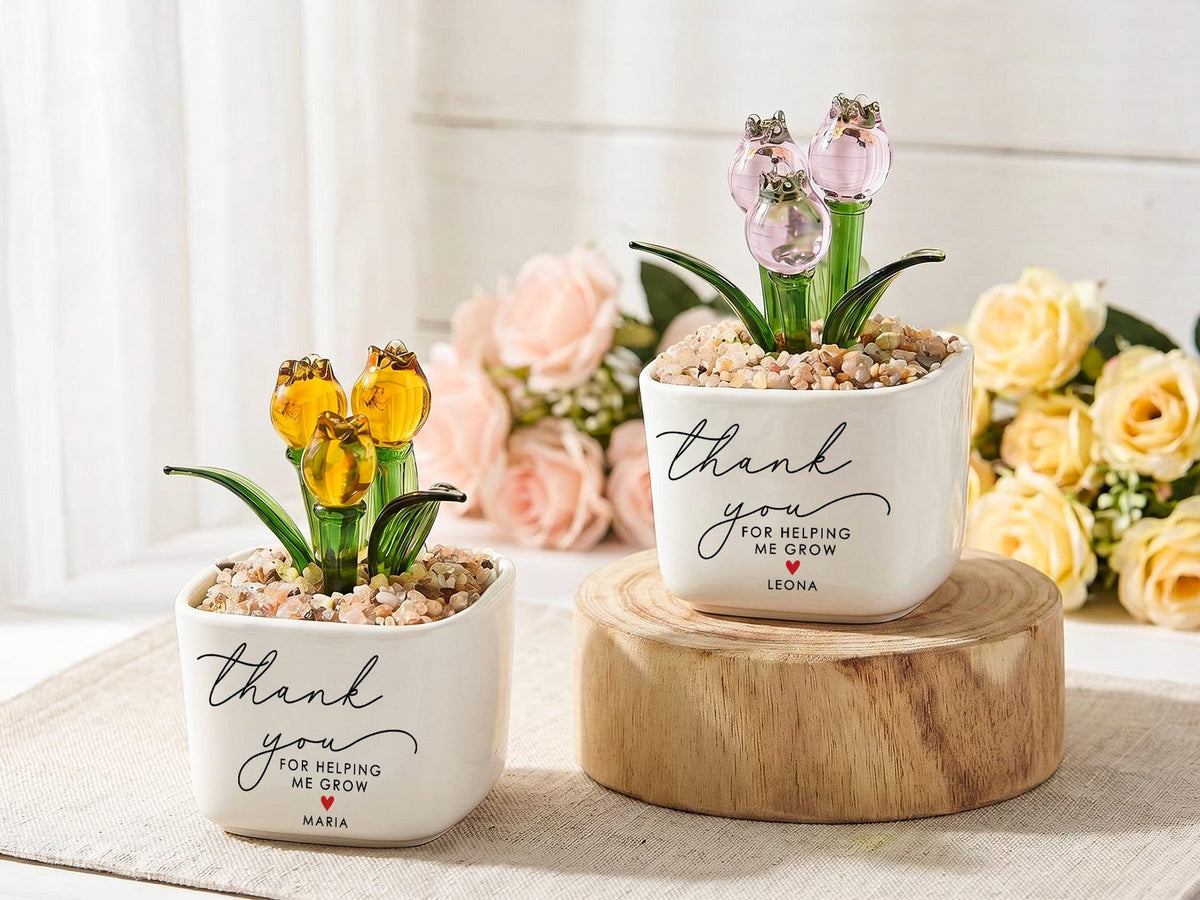 Personalized Stained Glass Flower Pot, Thank You for Helping Me Grow Gift, Custom Teacher Appreciation Gift, Memorial Desk Decor