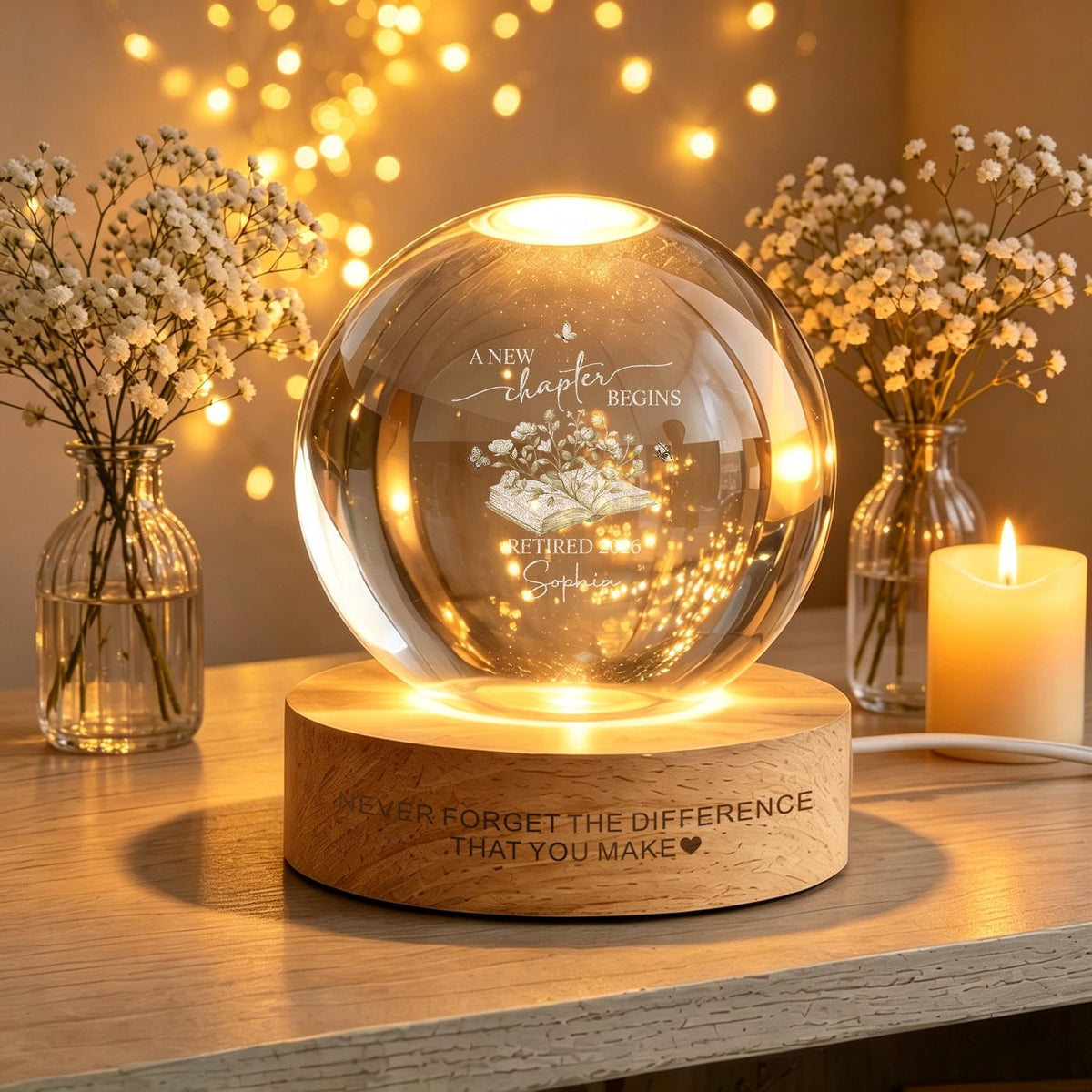 Retirement Personalized LED Crystal Ball Lamp,New Chapter Begins Gift,Custom Name Night Light,Retired 2026 Keepsake for Her Him