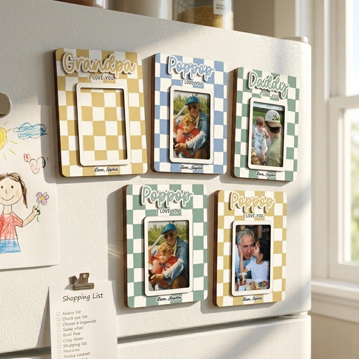 Checkered Photo Fridge Magnet, Custom Picture Frame, Fathers Day Gift for Dad Grandpa, PopPop Wood Frame, Family Keepsake Gift