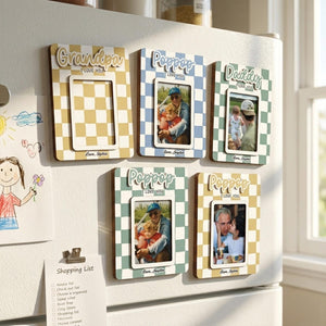 Checkered Photo Fridge Magnet, Custom Picture Frame, Fathers Day Gift for Dad Grandpa, PopPop Wood Frame, Family Keepsake Gift