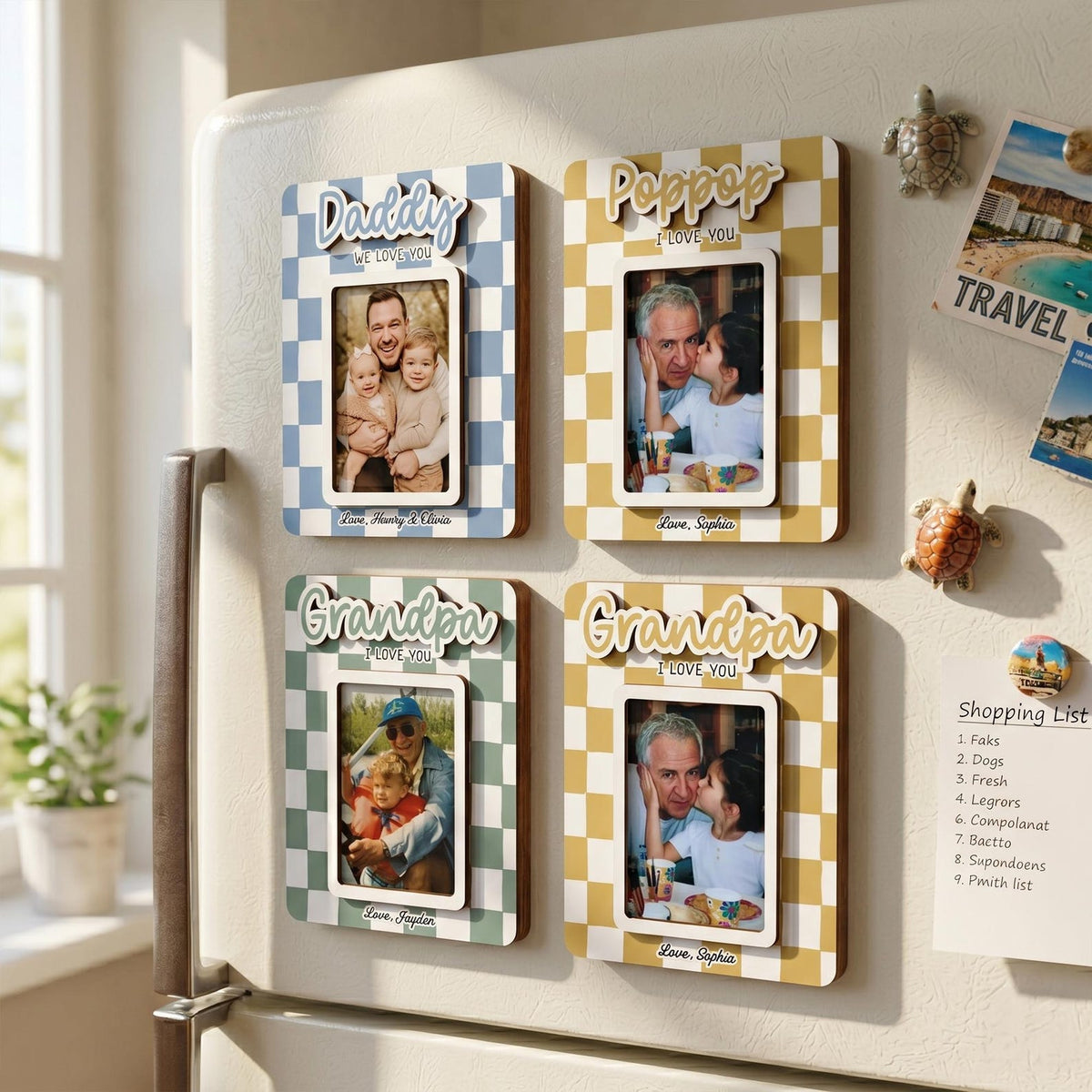 Checkered Photo Fridge Magnet, Custom Picture Frame, Fathers Day Gift for Dad Grandpa, PopPop Wood Frame, Family Keepsake Gift