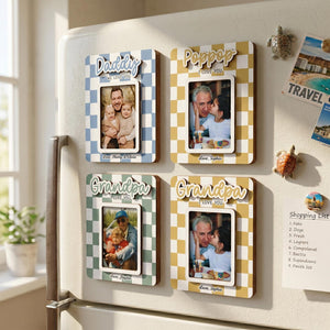 Checkered Photo Fridge Magnet, Custom Picture Frame, Fathers Day Gift for Dad Grandpa, PopPop Wood Frame, Family Keepsake Gift