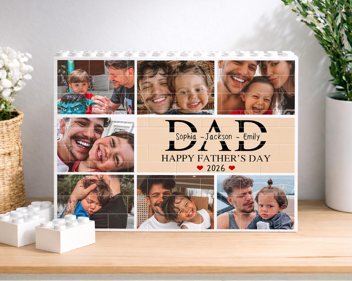 Custom Fathers Day Building Block For Dad: Personalized Dad Brick Puzzle With Kids Name & Photo, Family Picture Keepsake, New Dad Gift