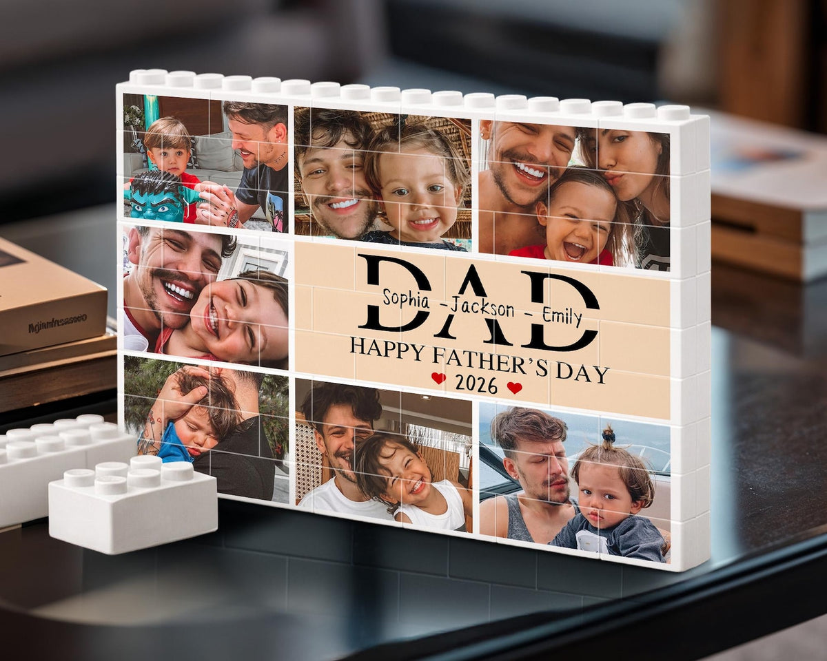Custom Fathers Day Building Block For Dad: Personalized Dad Brick Puzzle With Kids Name & Photo, Family Picture Keepsake, New Dad Gift