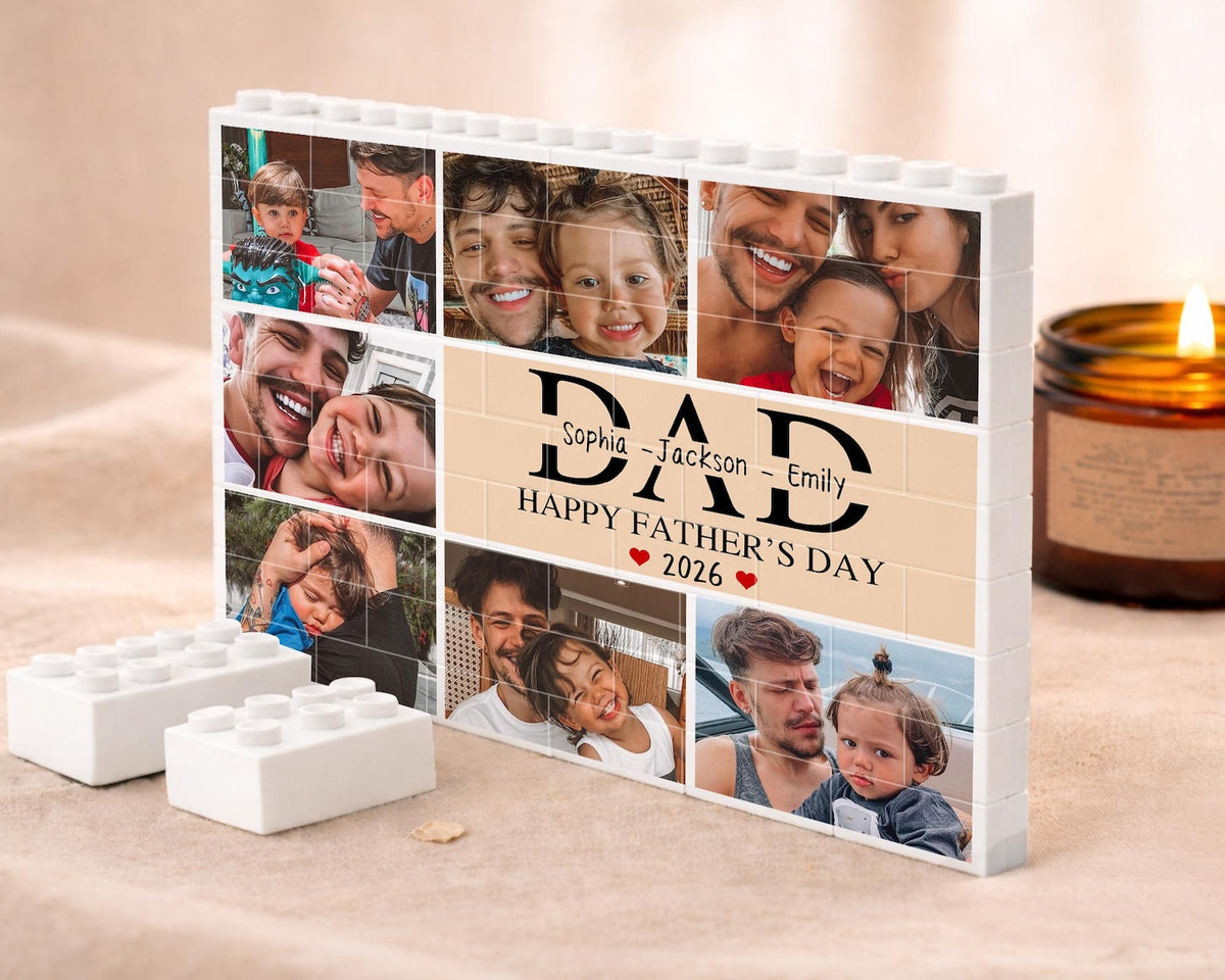 Custom Fathers Day Building Block For Dad: Personalized Dad Brick Puzzle With Kids Name & Photo, Family Picture Keepsake, New Dad Gift