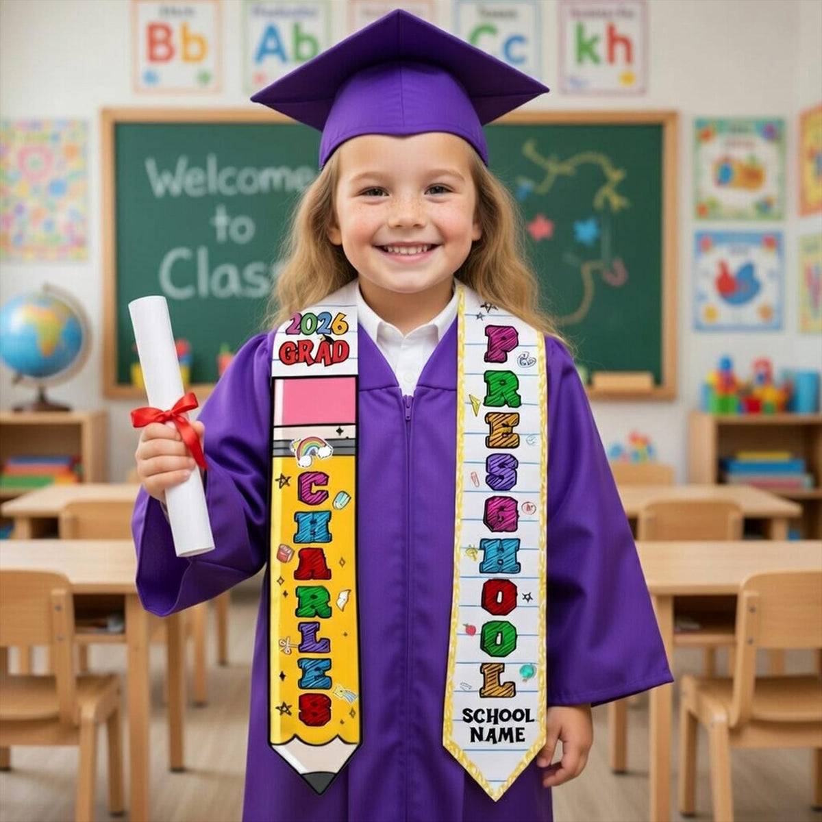 Personalized Kid Graduation Stole, Custom Pencil Kindergarten Grad Stole, Class Of 2026 Sash, Custom Graduation Gift for Daughter Son