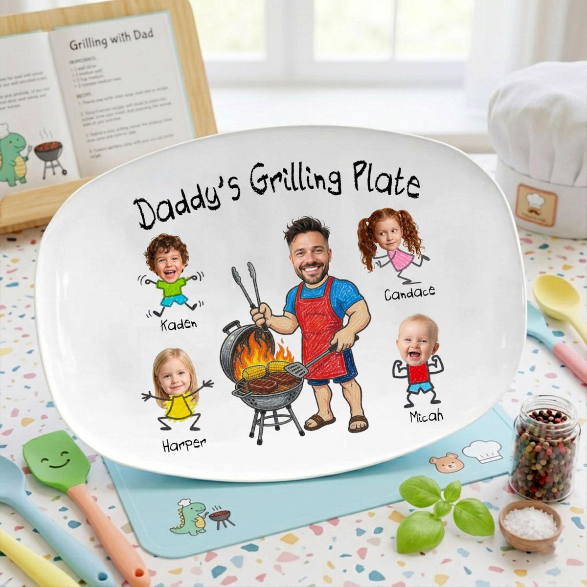 Personalized Daddy Grilling Plate, Custom BBQ Plate with Kids Faces, Father Gift