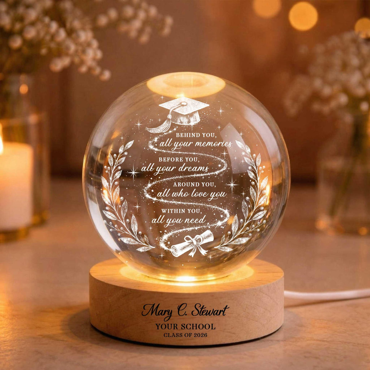 Custom Graduation Crystal Ball Night Light, Personalized Grad Gift for Bestie, BFF Daughter Class of 2026 Senior Highschool College Keepsake