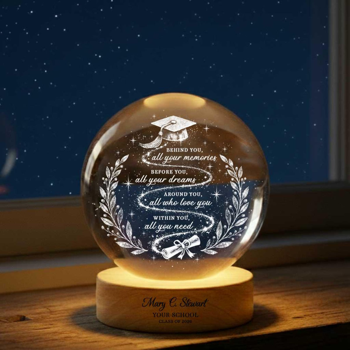 Custom Graduation Crystal Ball Night Light, Personalized Grad Gift for Bestie, BFF Daughter Class of 2026 Senior Highschool College Keepsake