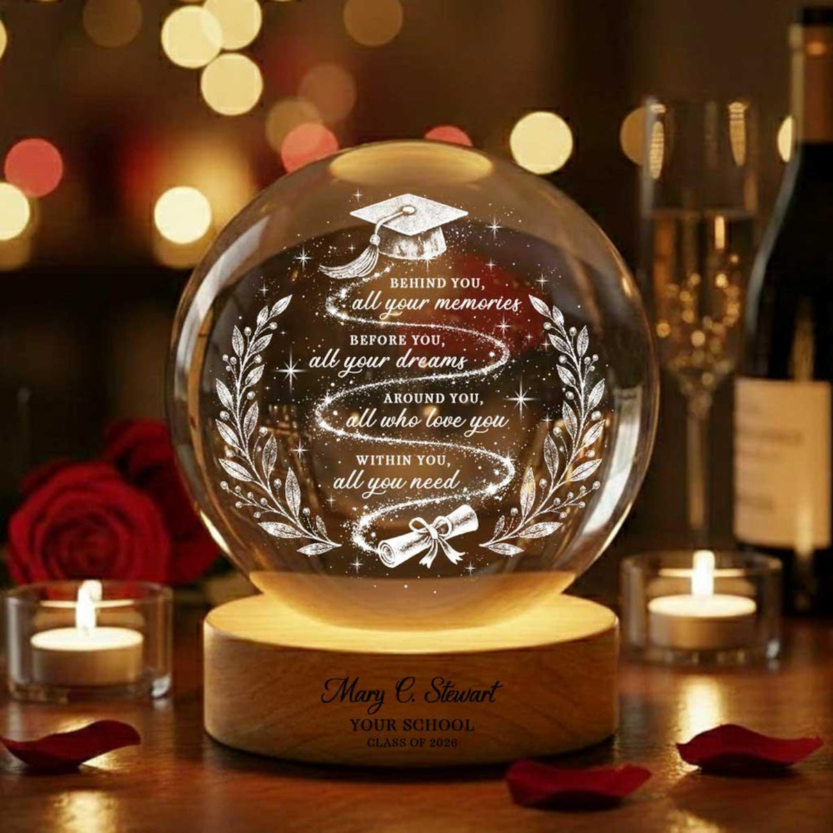 Custom Graduation Crystal Ball Night Light, Personalized Grad Gift for Bestie, BFF Daughter Class of 2026 Senior Highschool College Keepsake