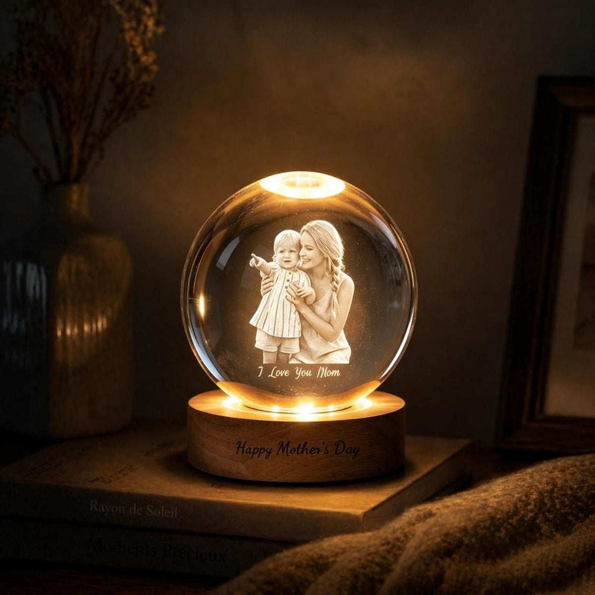 Personalized Mother s Day Photo Snow Globe, Custom Family Picture in Lighted Glass Ornament, Unique Gift for Mom