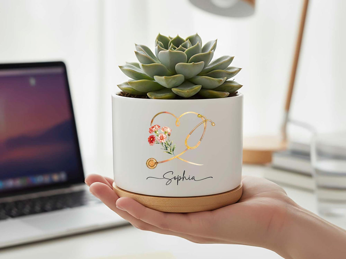 Personalized Nurse Planter Pot, Floral Stethoscope Planter, Custom Nurse Succulent Pot, RN Gift for Her, Medical Office Decor