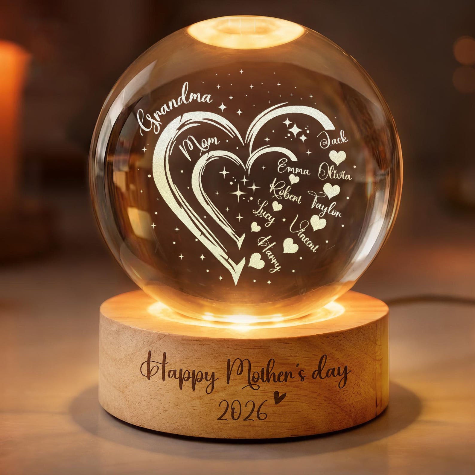 Custom Grandma Mom Heart Crystal LED Ball Light, Mom Gift, Grandma Gift, Custom Kid Name With Heart, Gift For Grandma, Gifts From Grandkids