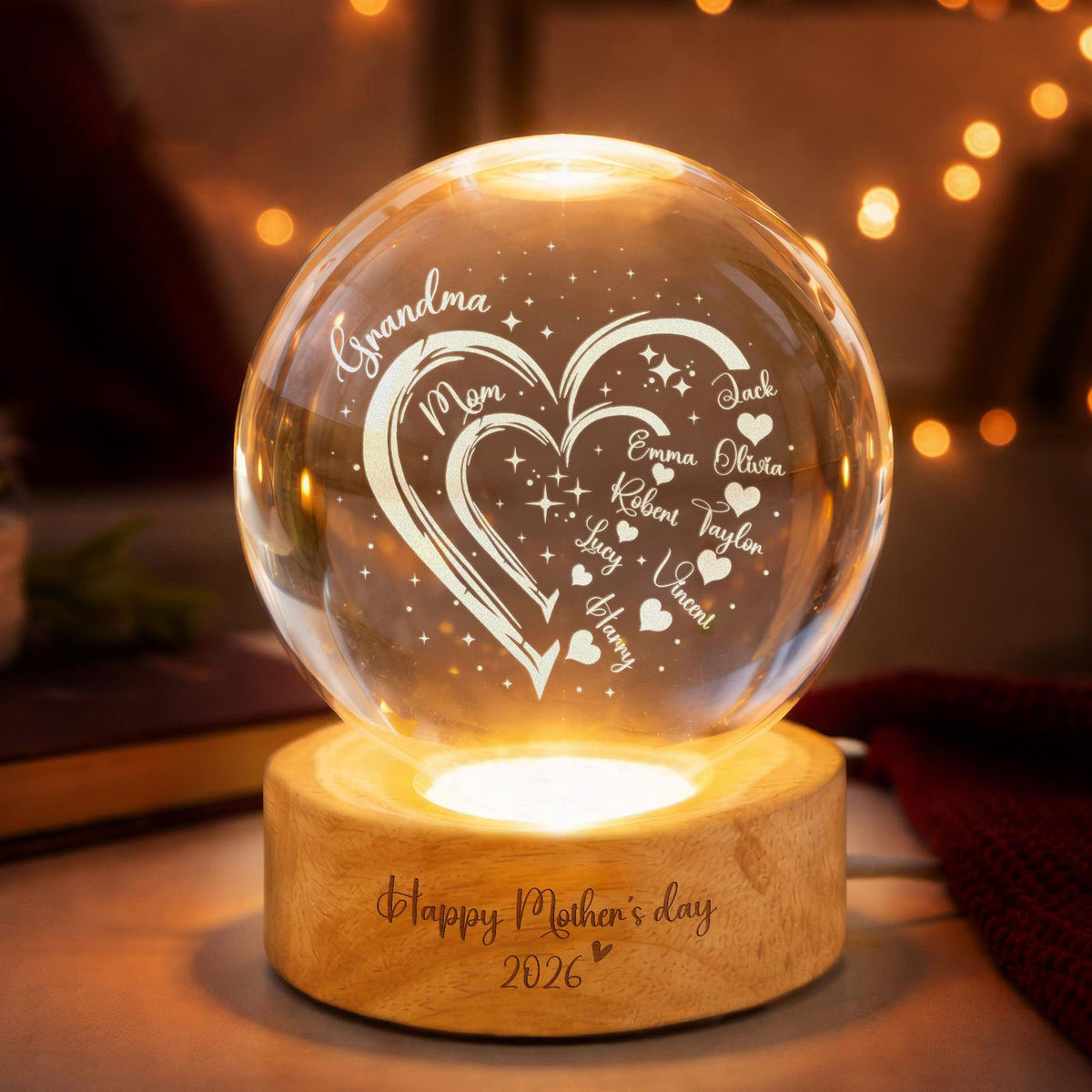 Custom Grandma Mom Heart Crystal LED Ball Light, Mom Gift, Grandma Gift, Custom Kid Name With Heart, Gift For Grandma, Gifts From Grandkids
