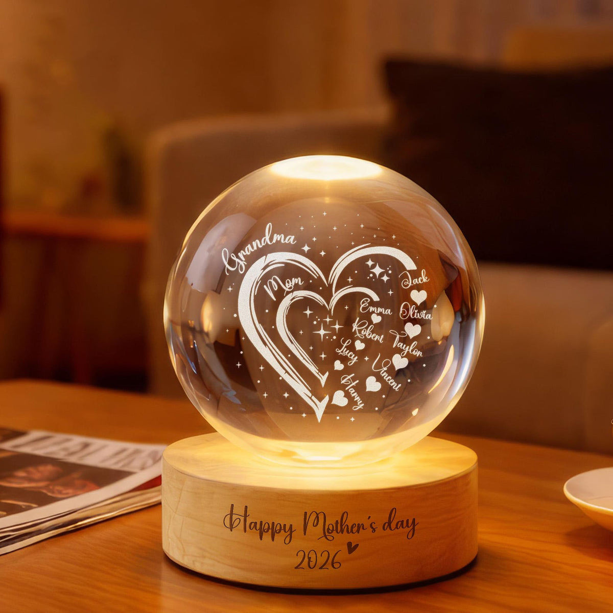 Custom Grandma Mom Heart Crystal LED Ball Light, Mom Gift, Grandma Gift, Custom Kid Name With Heart, Gift For Grandma, Gifts From Grandkids