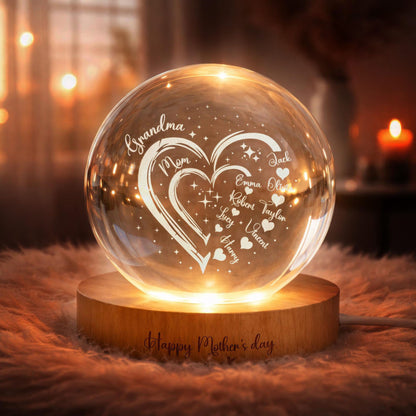Custom Grandma Mom Heart Crystal LED Ball Light, Mom Gift, Grandma Gift, Custom Kid Name With Heart, Gift For Grandma, Gifts From Grandkids
