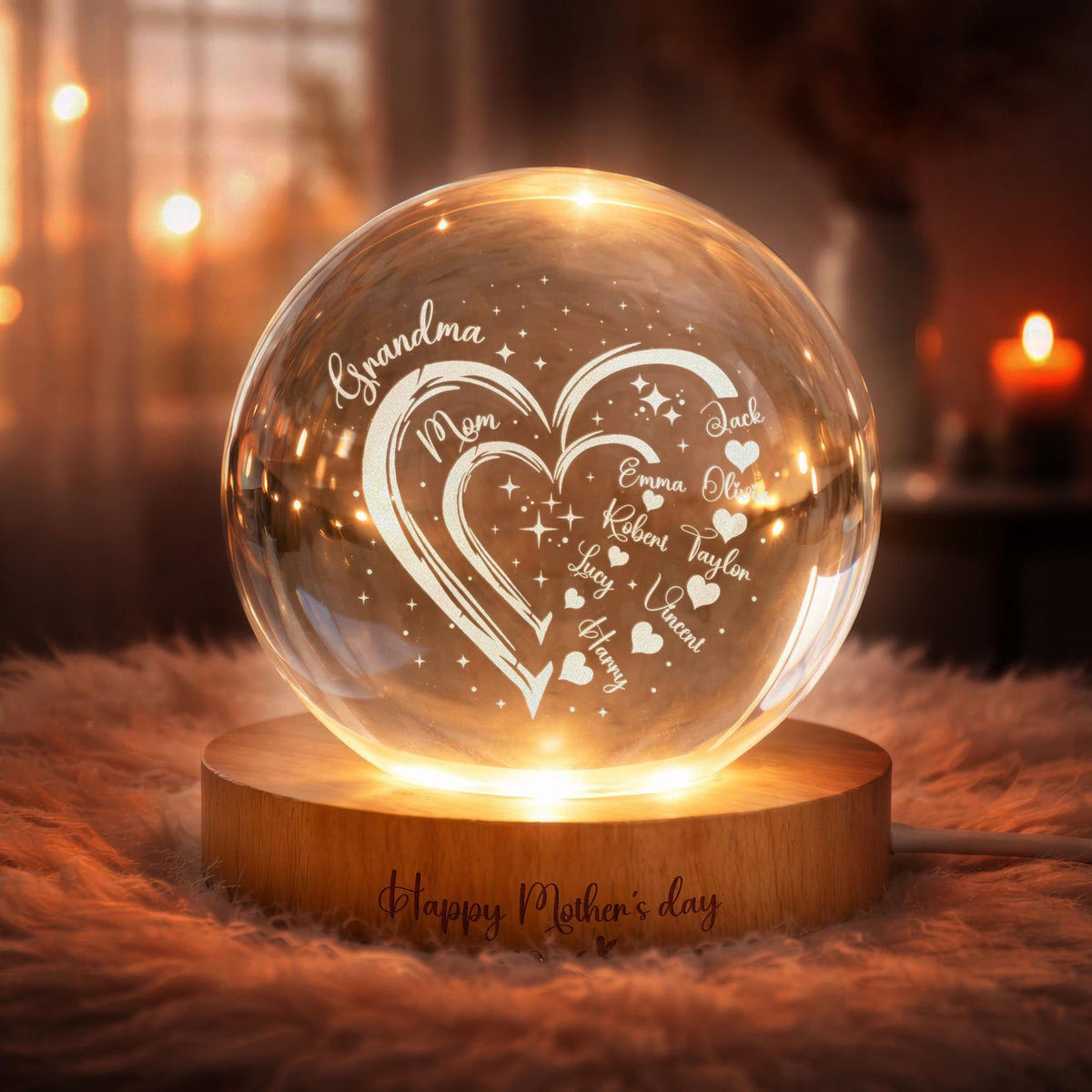 Custom Grandma Mom Heart Crystal LED Ball Light, Mom Gift, Grandma Gift, Custom Kid Name With Heart, Gift For Grandma, Gifts From Grandkids