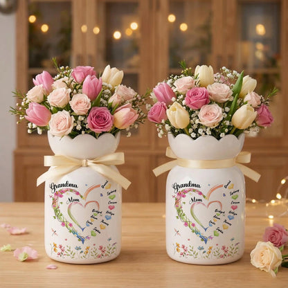 Personalized Mom Grandma Heart Flower Vase, Family Name Flower Vase, Vase with kids Names, Mum and Nana Generations Gift, Mother's Day Gift
