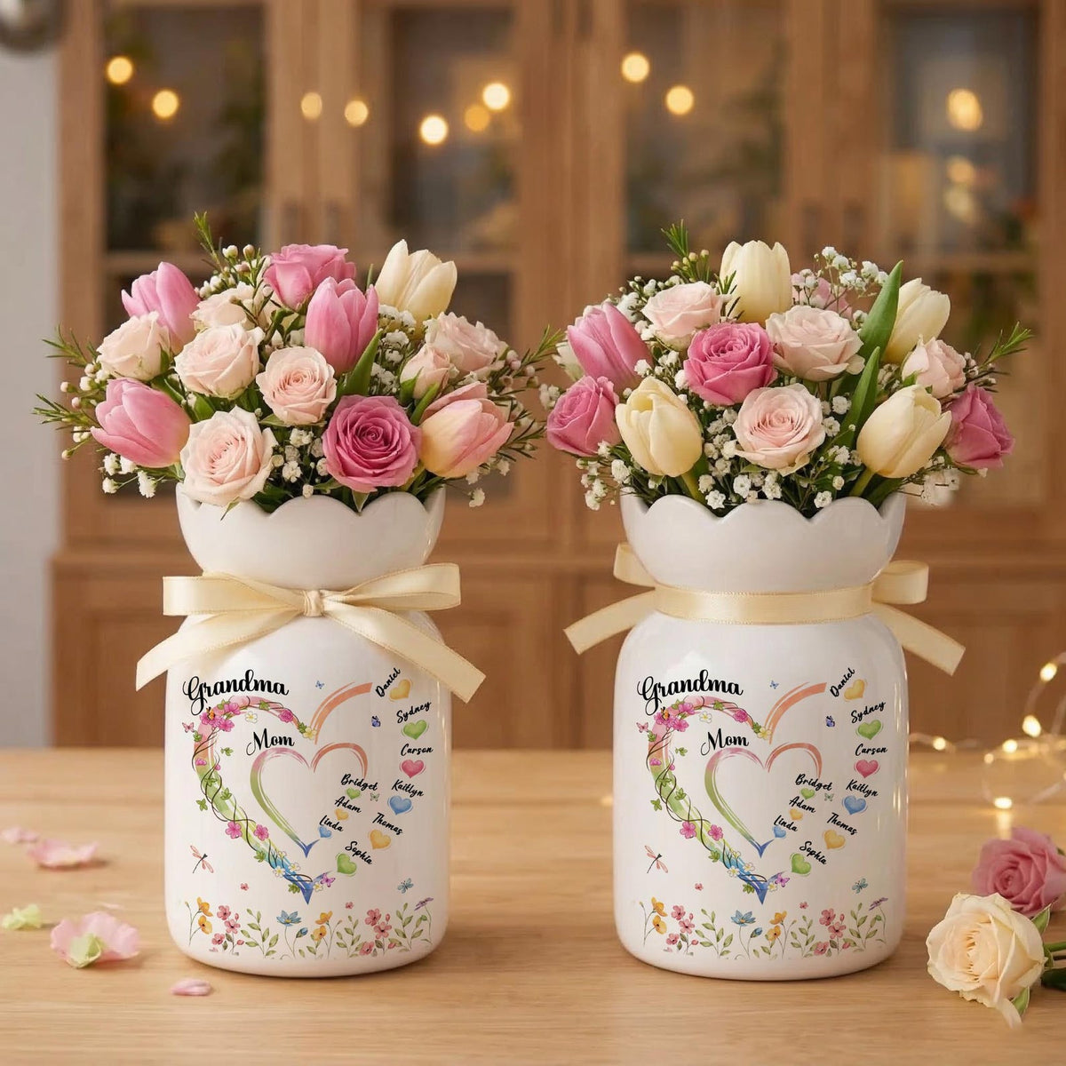 Personalized Mom Grandma Heart Flower Vase, Family Name Flower Vase, Vase with kids Names, Mum and Nana Generations Gift, Mother's Day Gift