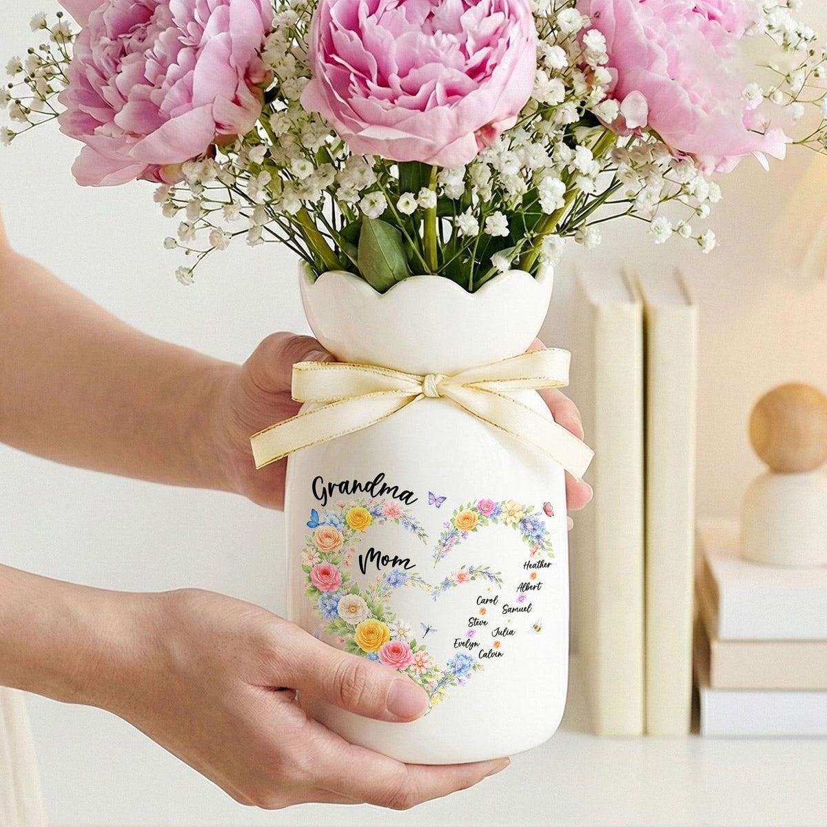 Personalized Mom And Grandma Heart Flower Vase, Grandma Vase With Grandkids Name, Mum and Nana Generations Gift, Mother's Day Gift Vase