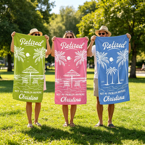 Personalized Retirement Beach Towel,Custom Retirement Gifts,Retired And Relaxed,Retirement Party,Tropical Bath Towel,Funny Retirement