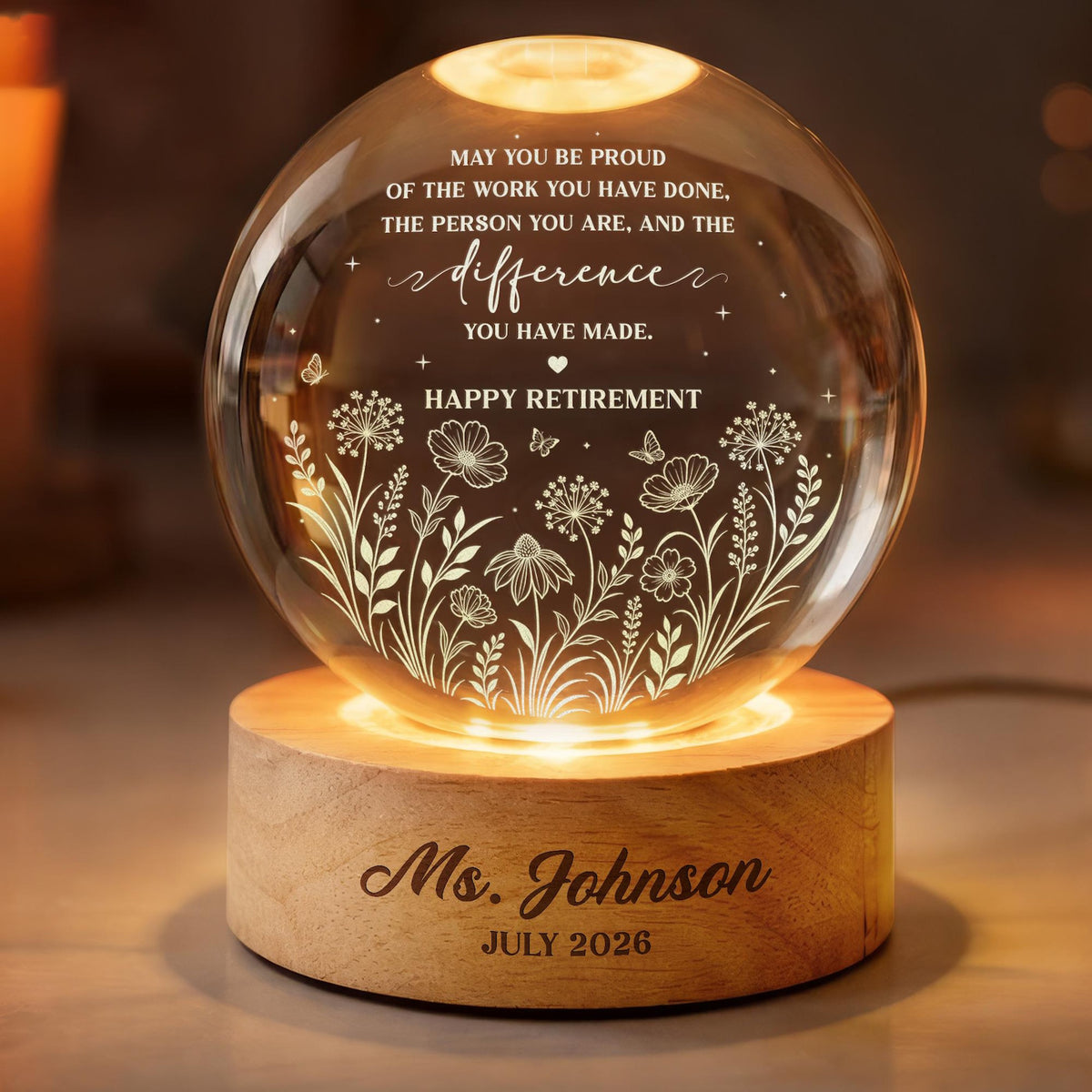 Personalized Retirement Crystal Ball Light Night, Retired Teacher Thank you Gift, Happy Retirement, Custom Retirement Gift For Boss Coworker