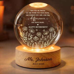Personalized Retirement Crystal Ball Light Night, Retired Teacher Thank you Gift, Happy Retirement, Custom Retirement Gift For Boss Coworker