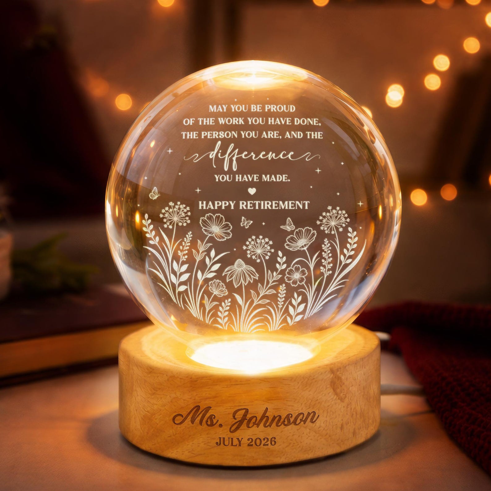 Personalized Retirement Crystal Ball Light Night, Retired Teacher Thank you Gift, Happy Retirement, Custom Retirement Gift For Boss Coworker
