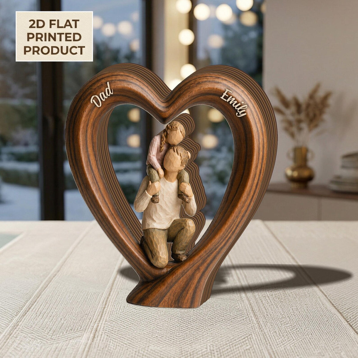 Personalized Dad and Kid 2D FLAT Wooden Block, Father Child Heart Frame Decor, Custom Name Gift for Dad, Fathers Day Keepsake