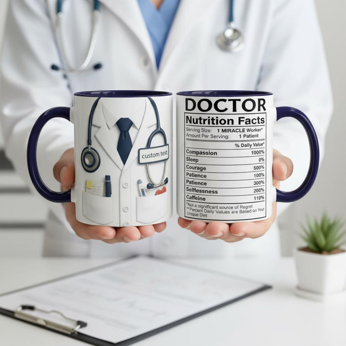 Personalized Doctor Coffee Cup, Custom ID Badge Nutrition Facts Mug, Dr Gifts For Men and Women, Retirement Gifts For Doctors, Med School