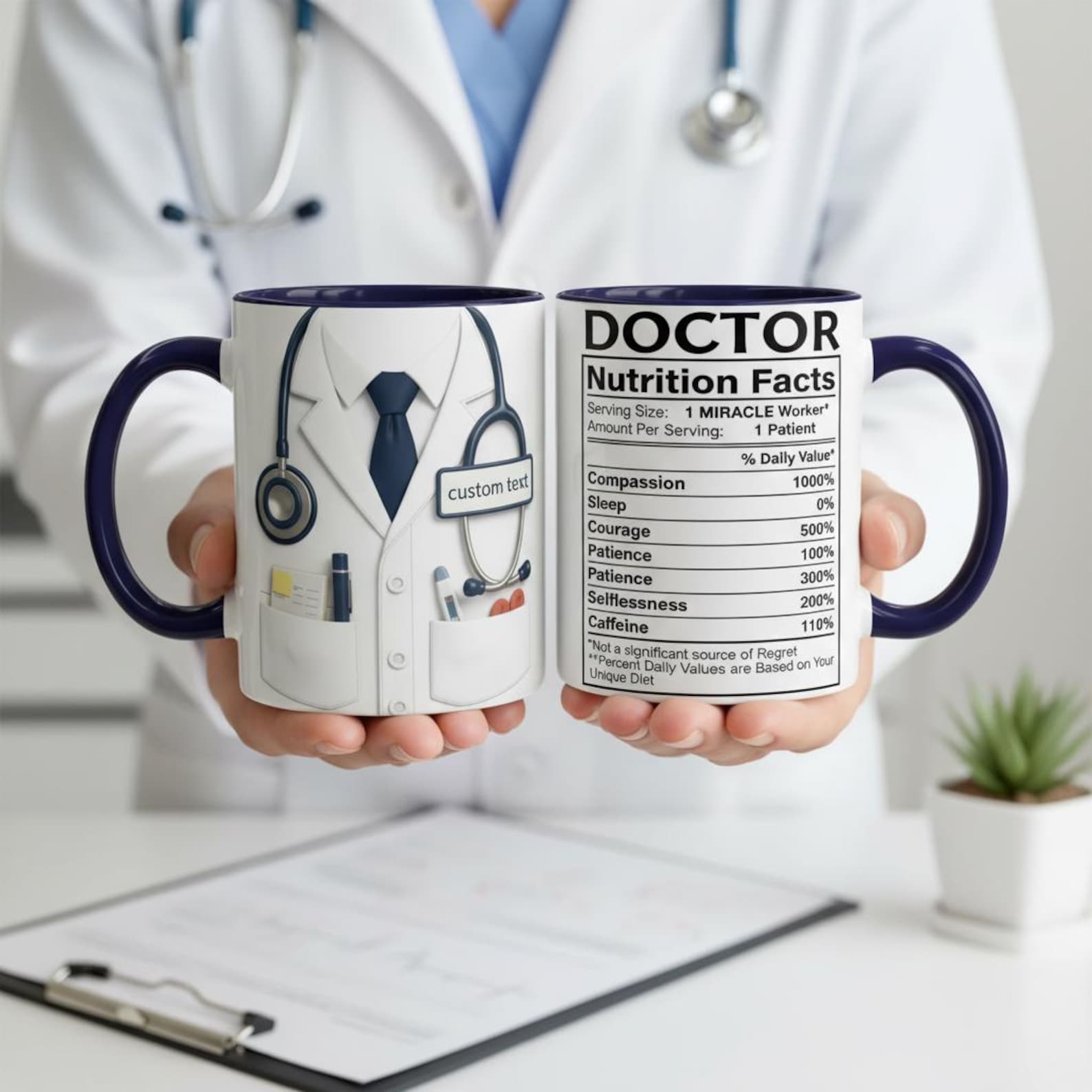Personalized Doctor Coffee Cup, Custom ID Badge Nutrition Facts Mug, Dr Gifts For Men and Women, Retirement Gifts For Doctors, Med School