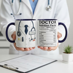 Personalized Doctor Coffee Cup, Custom ID Badge Nutrition Facts Mug, Dr Gifts For Men and Women, Retirement Gifts For Doctors, Med School