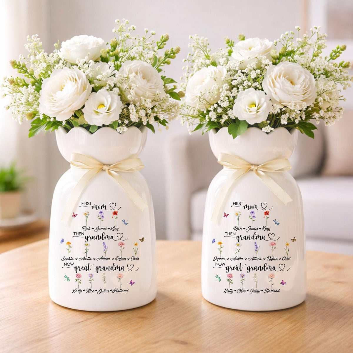 Custom First Mom Now Great Grandma Ceramic Flower Vase, Birth Month Vase, Grandmas Garden Vase, Birthday Gift for Mom Nana Mothers Day Gift