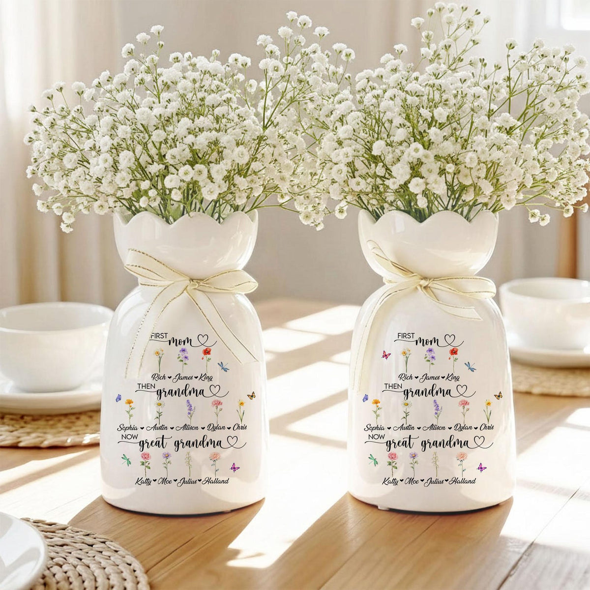 Custom First Mom Now Great Grandma Ceramic Flower Vase, Birth Month Vase, Grandmas Garden Vase, Birthday Gift for Mom Nana Mothers Day Gift