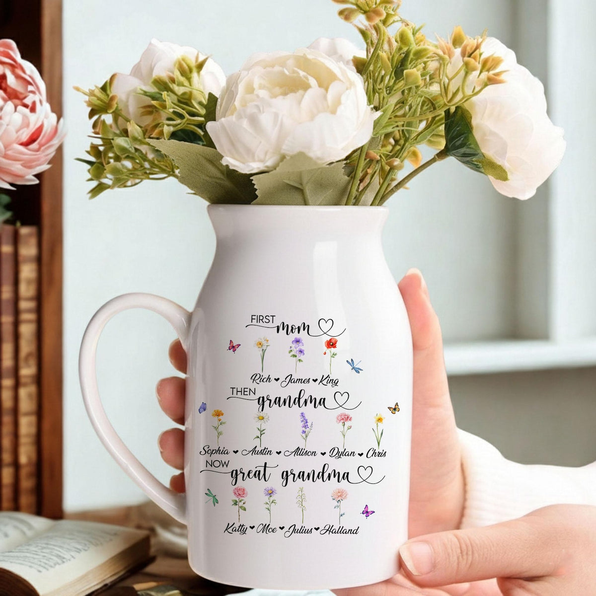 Custom First Mom Now Great Grandma Ceramic Flower Vase, Birth Month Vase, Grandmas Garden Vase, Birthday Gift for Mom Nana Mothers Day Gift