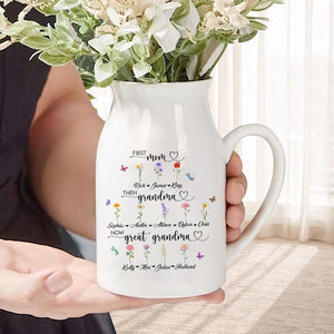 Custom First Mom Now Great Grandma Ceramic Flower Vase, Birth Month Vase, Grandmas Garden Vase, Birthday Gift for Mom Nana Mothers Day Gift