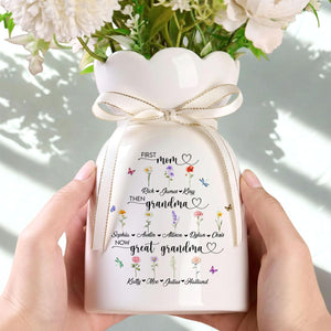 Custom First Mom Now Great Grandma Ceramic Flower Vase, Birth Month Vase, Grandmas Garden Vase, Birthday Gift for Mom Nana Mothers Day Gift